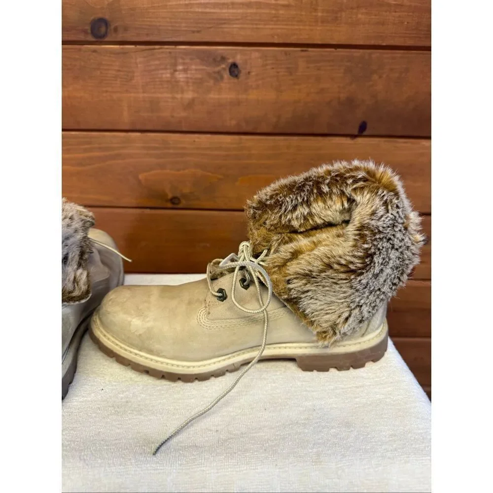 Timberland Waterproof Teddy Fleece Fold Over Fur boots light beige Sz 9.5